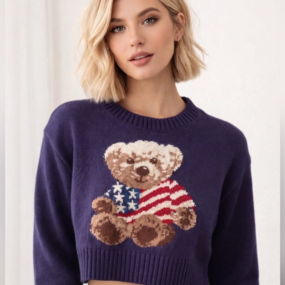 Grayson Threads🧸CUTE🧸TEDDY BEAR Navy Blue Cotton Blend Cropped Sweater Sz M
